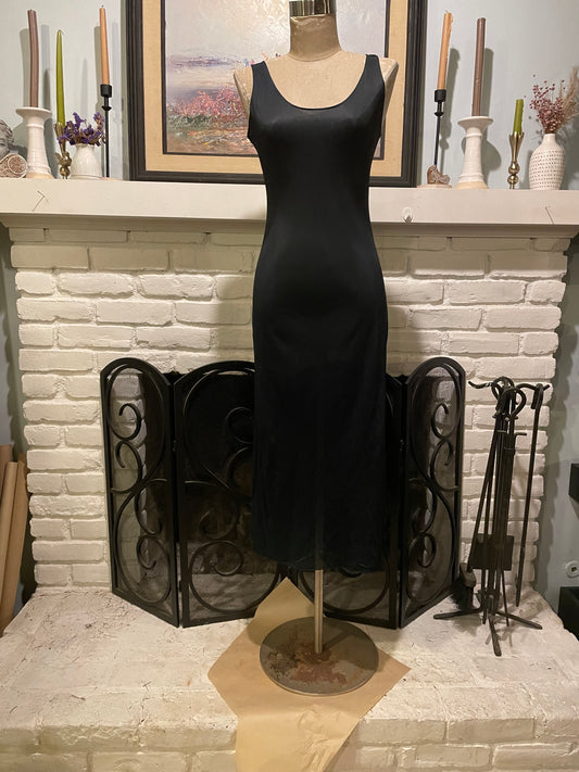 Vintage 1960s Black slinky satin maxi slip dress size small