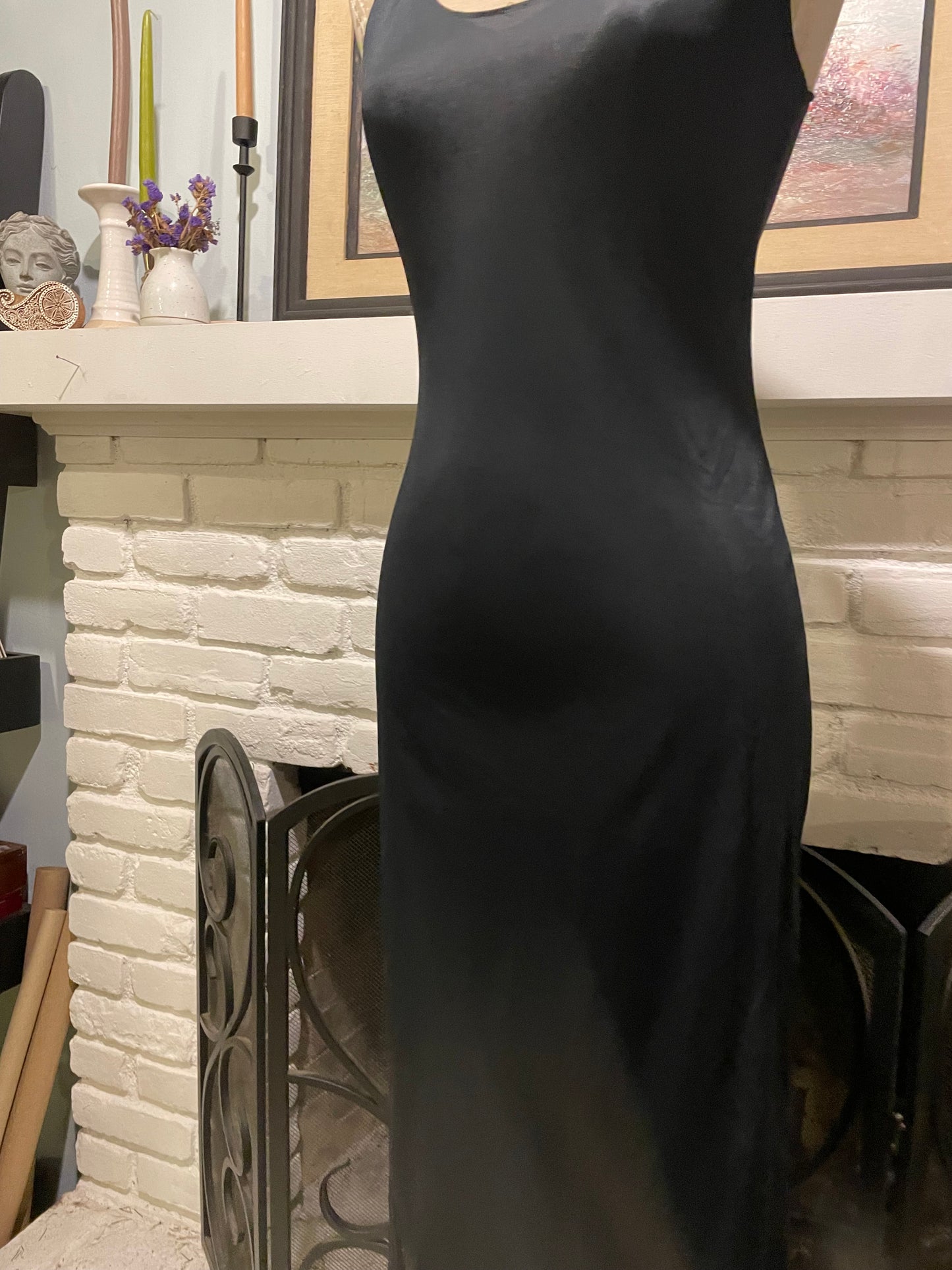 Vintage 1960s Black slinky satin maxi slip dress size small