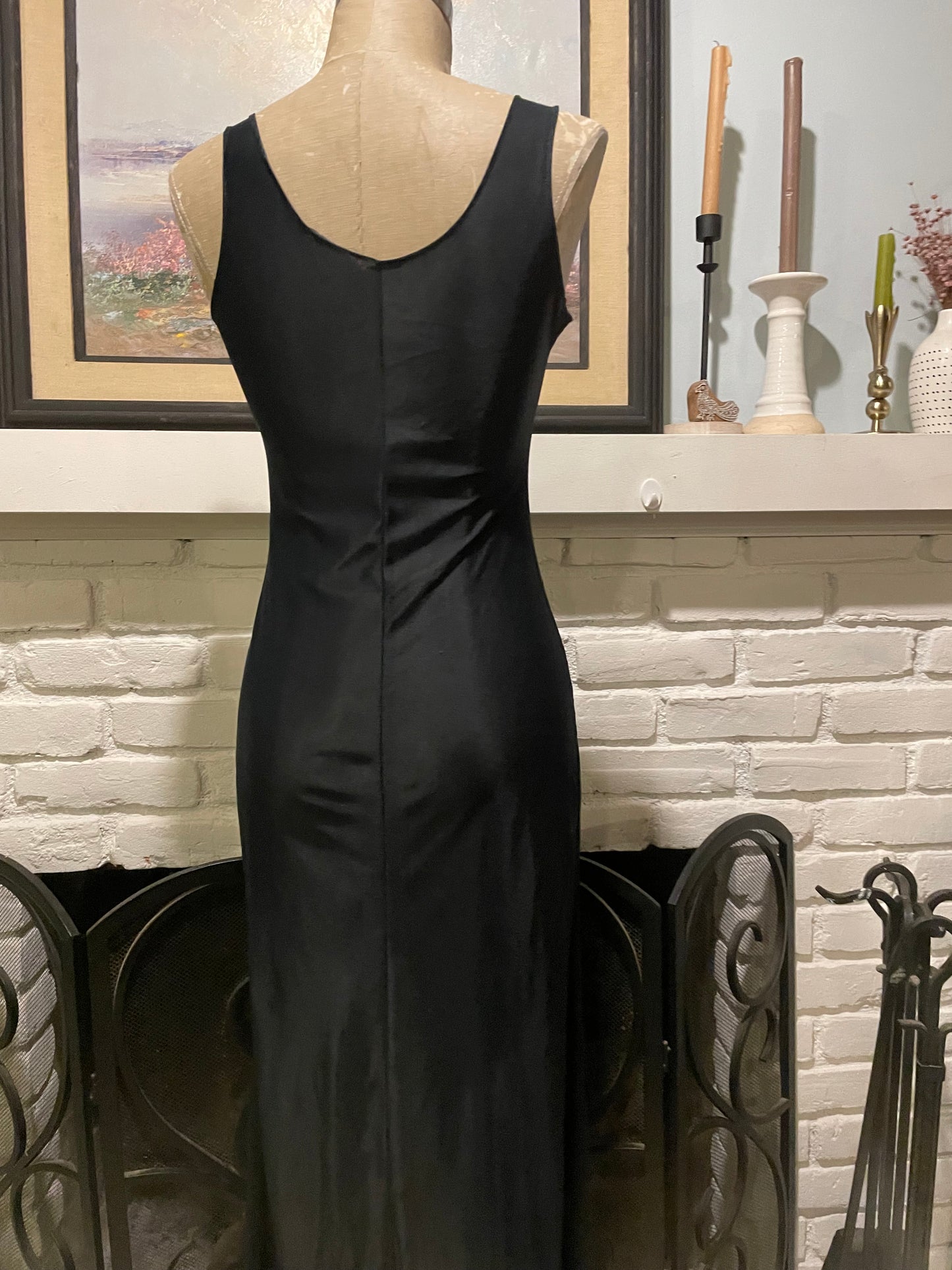 Vintage 1960s Black slinky satin maxi slip dress size small