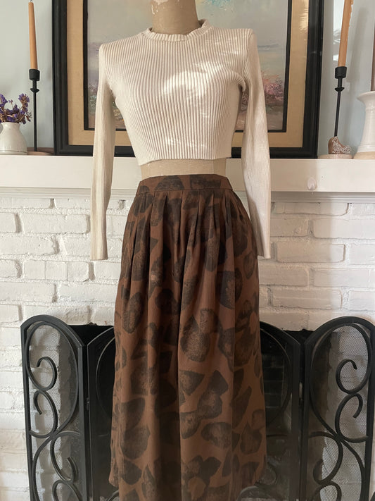 Vintage brown patterned pleated Midi Skirt size 28'