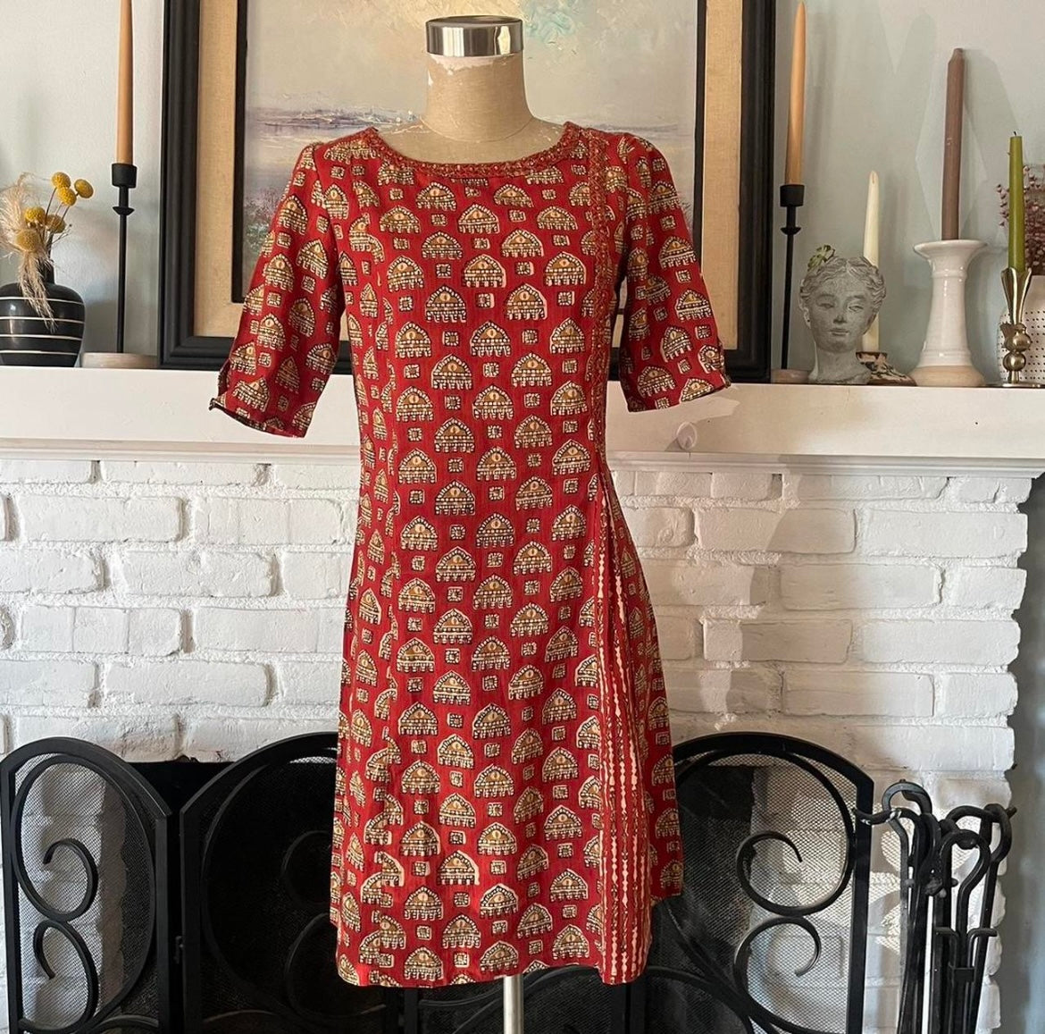 Red Block print paisley dress 